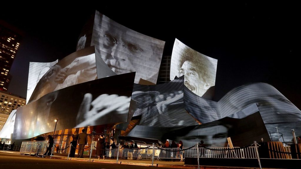 IArtwork by Refik Anadol is projected on the exterior of the Walt Disney Concert Hall during the kickoff of the L.A. Phil's centennial on Thursday, Sept. 28, 2018. (Luis Sinco / Los Angeles Times)