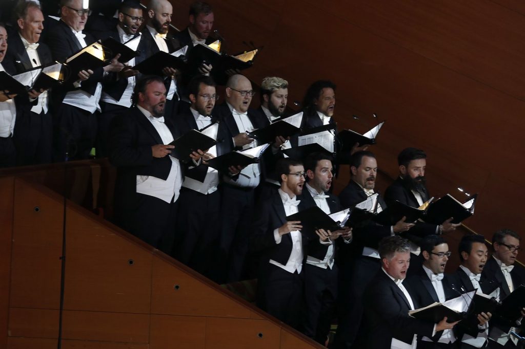 Members of the Los Angeles Master Chrorale perform with the L.A. Phil to kick off the Phil's centennial season with a "California Soul" gala at the Walt Disney Concert Hall in downtown Los Angeles on Thursday, Sept. 28, 2018. (Luis Sinco / Los Angeles Times)