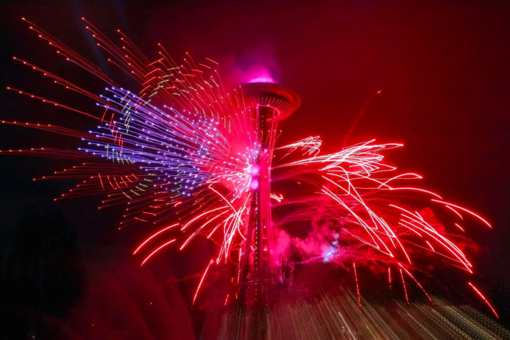 Happy New Year! Drones and fireworks ring in 2024 at the Space Needle